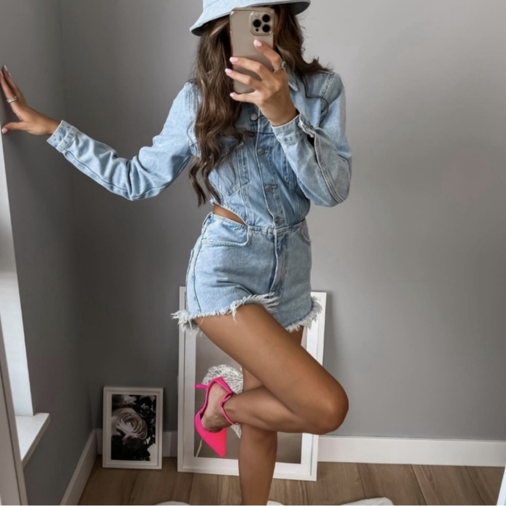 Zara Long Sleeve Cut Out Jean Fringe Romper